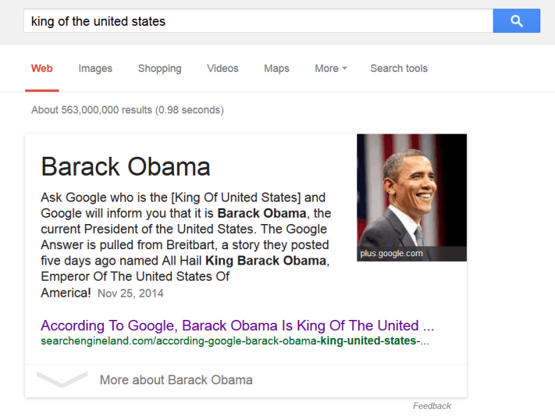 A screenshot of a Google Search result that describes Barack Obama as the King of United States.